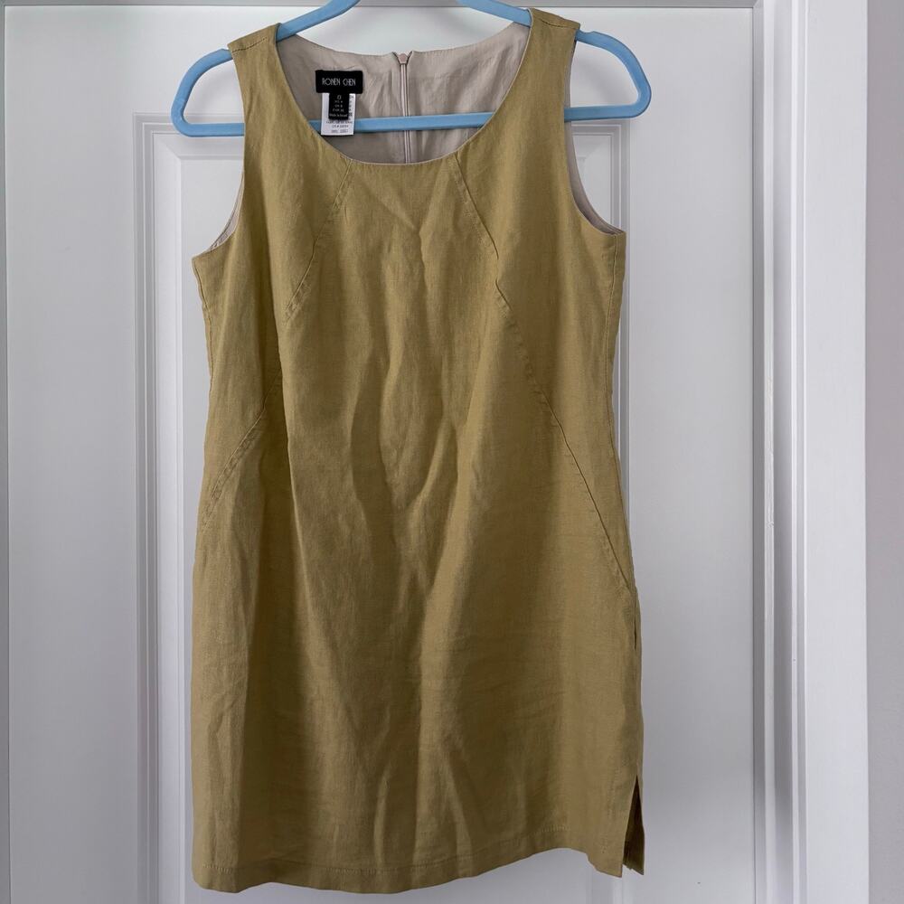 Ronen Chen Mustard / Olive Shift Dress Size 0 Linen and Viscose Natural Fibers